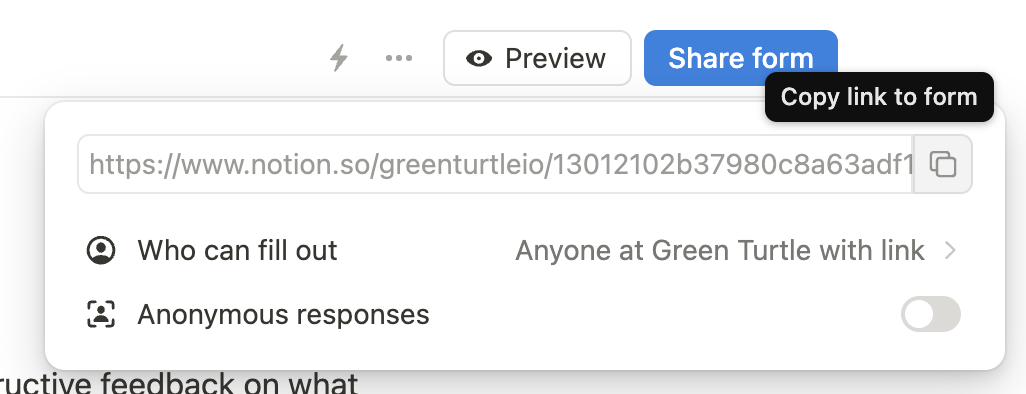 The "Share form" button has been activated, opening a URL box with a "Copy link" next to it